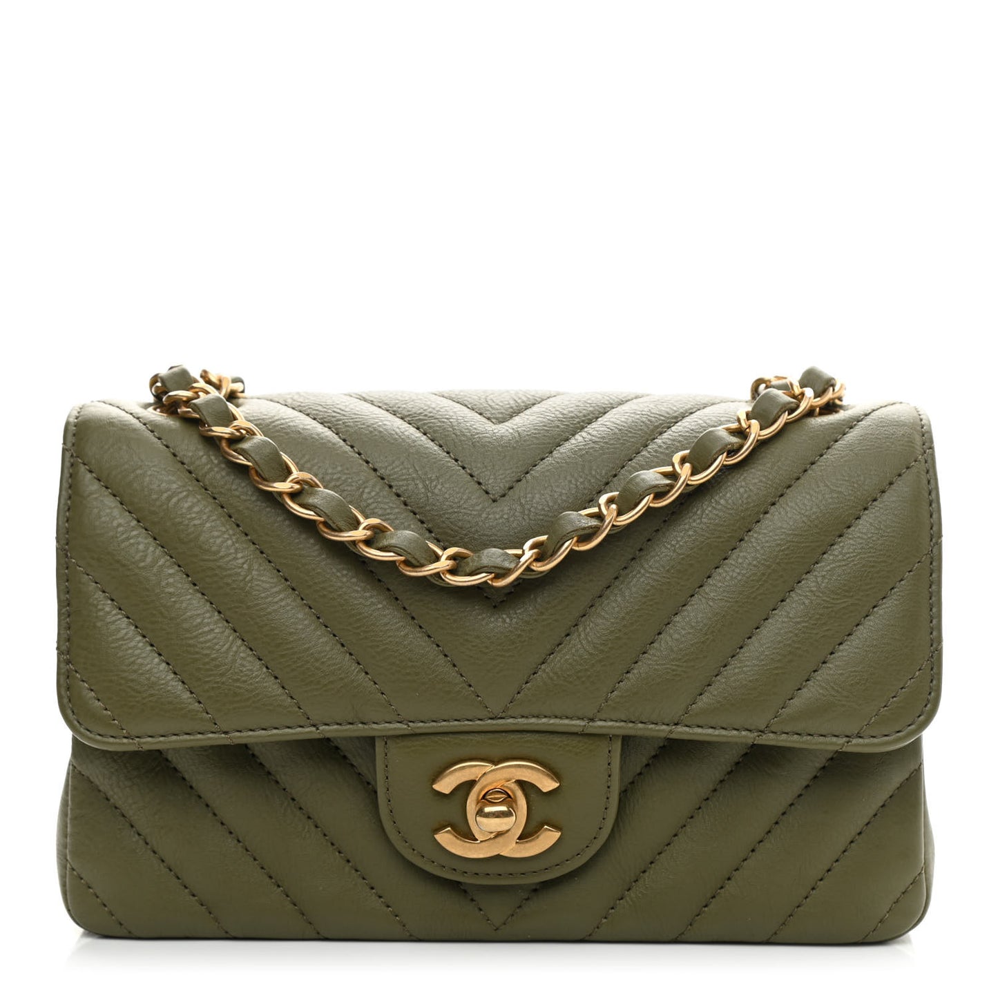 Calfskin Chevron Quilted Mini Rectangular Flap Khaki