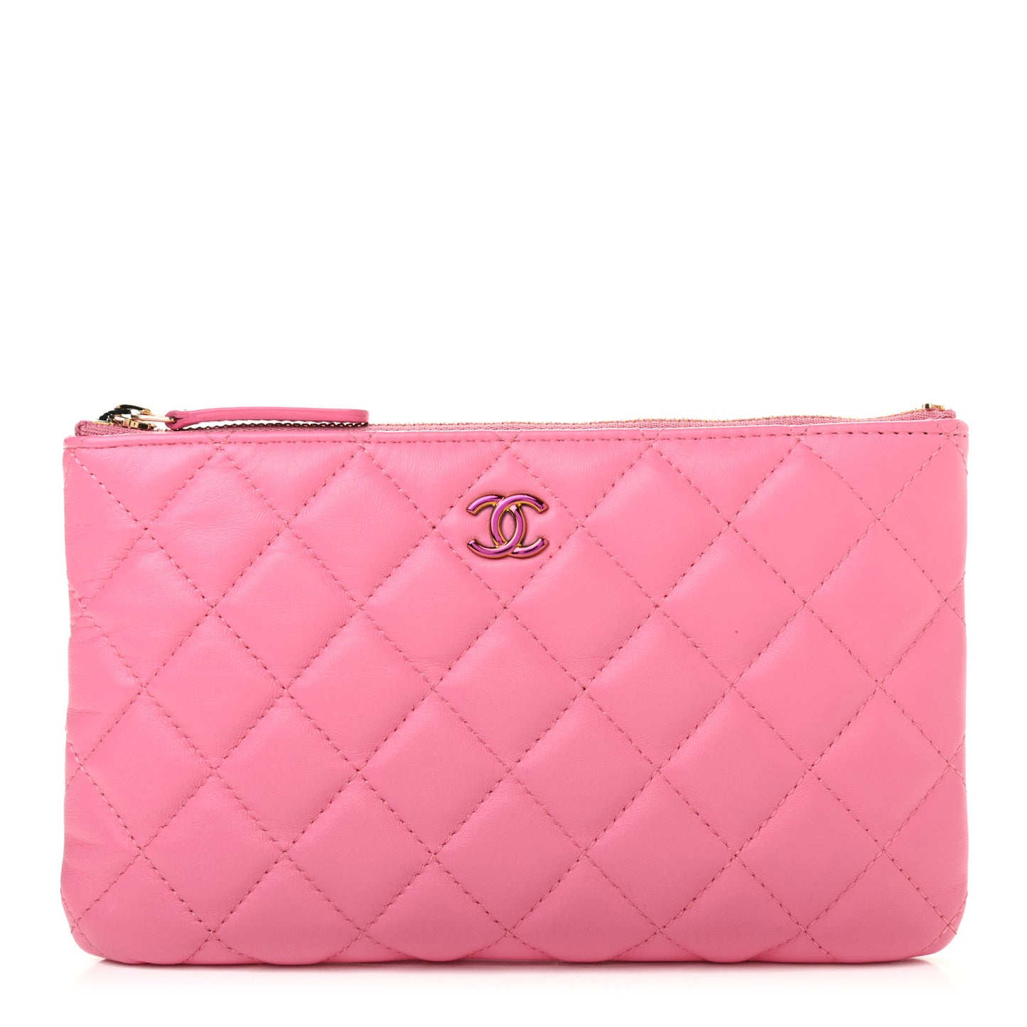 Lambskin Quilted Zipped Pouch Pink Yellow