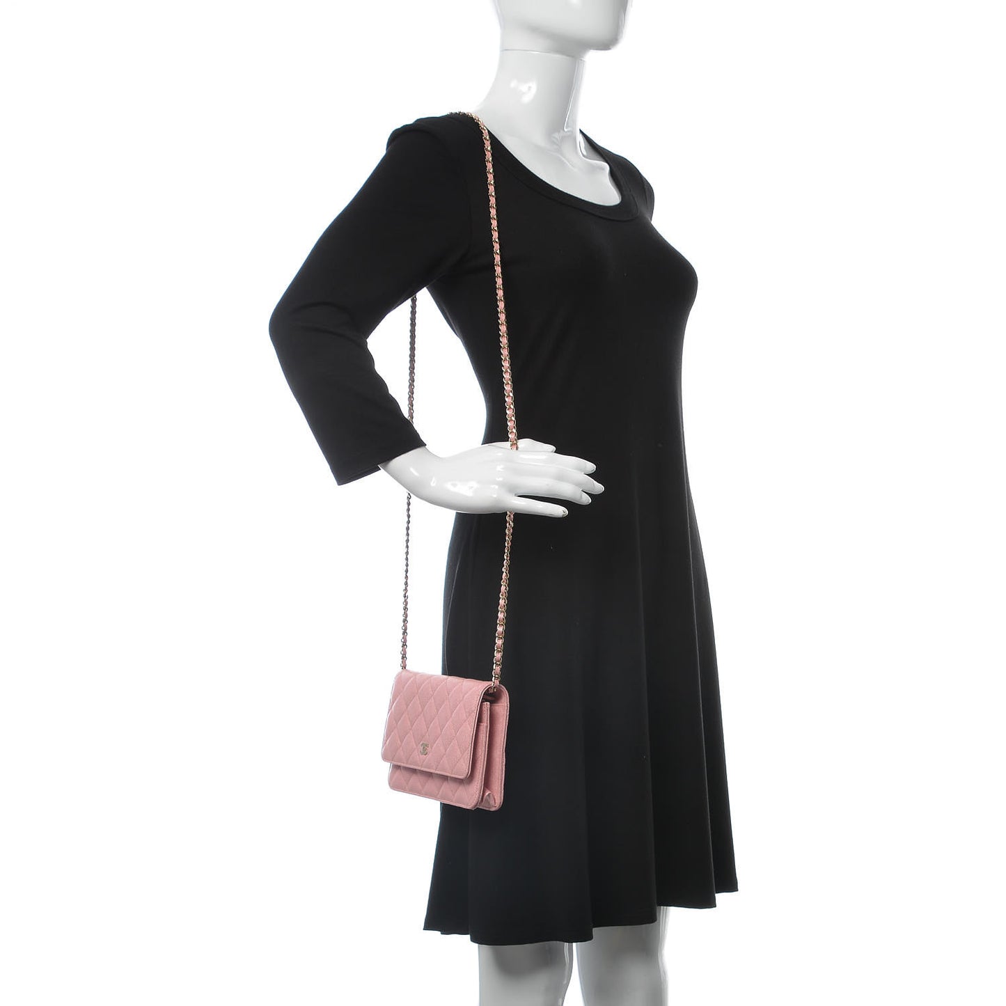 Iridescent Caviar Quilted Wallet on Chain WOC Rose Pink