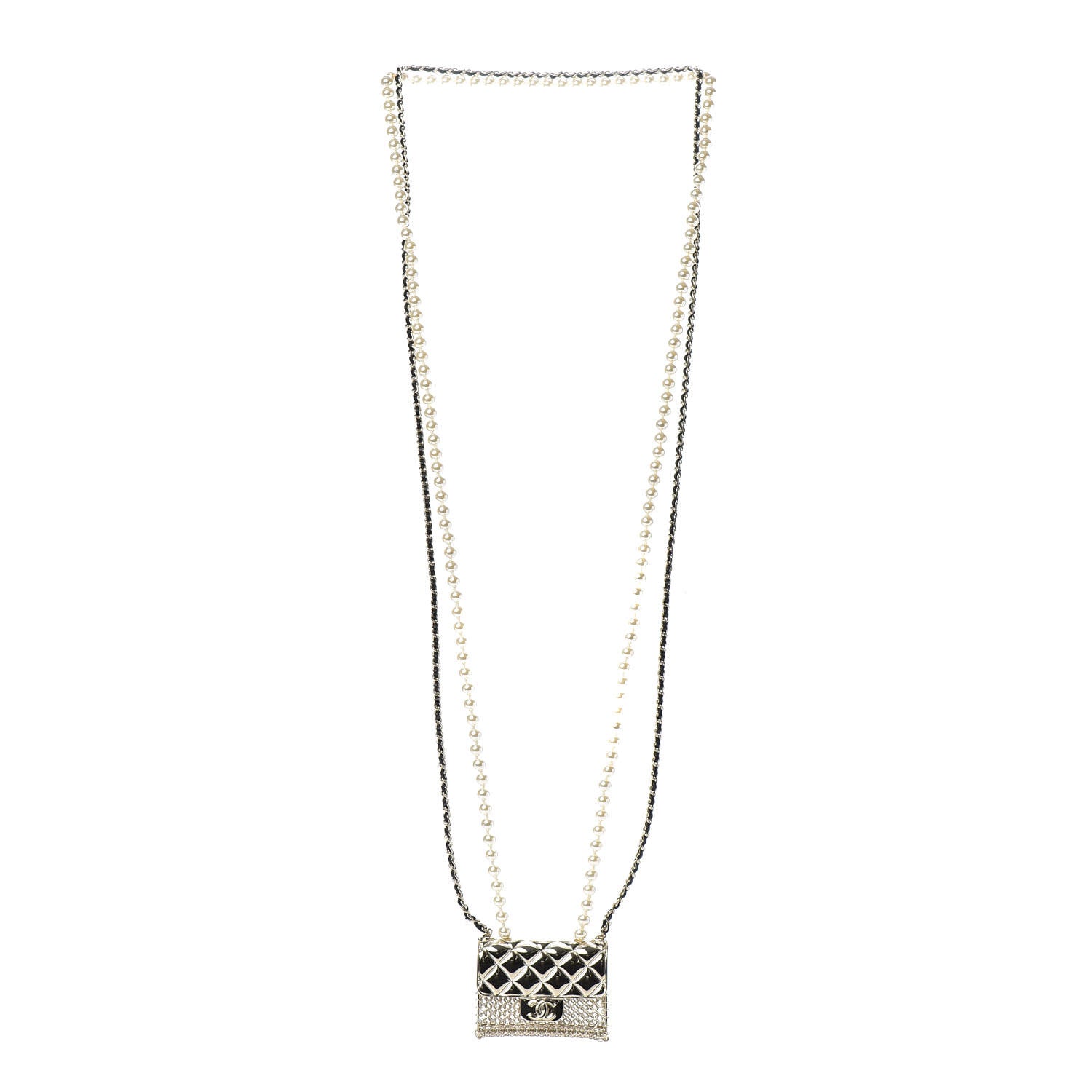 Chanel Metal Lambskin Pearl Chain Flap Bag Long Necklace Gold Black Pearly White 3 of 6