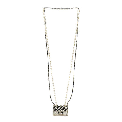 Chanel Metal Lambskin Pearl Chain Flap Bag Long Necklace Gold Black Pearly White 3 of 6