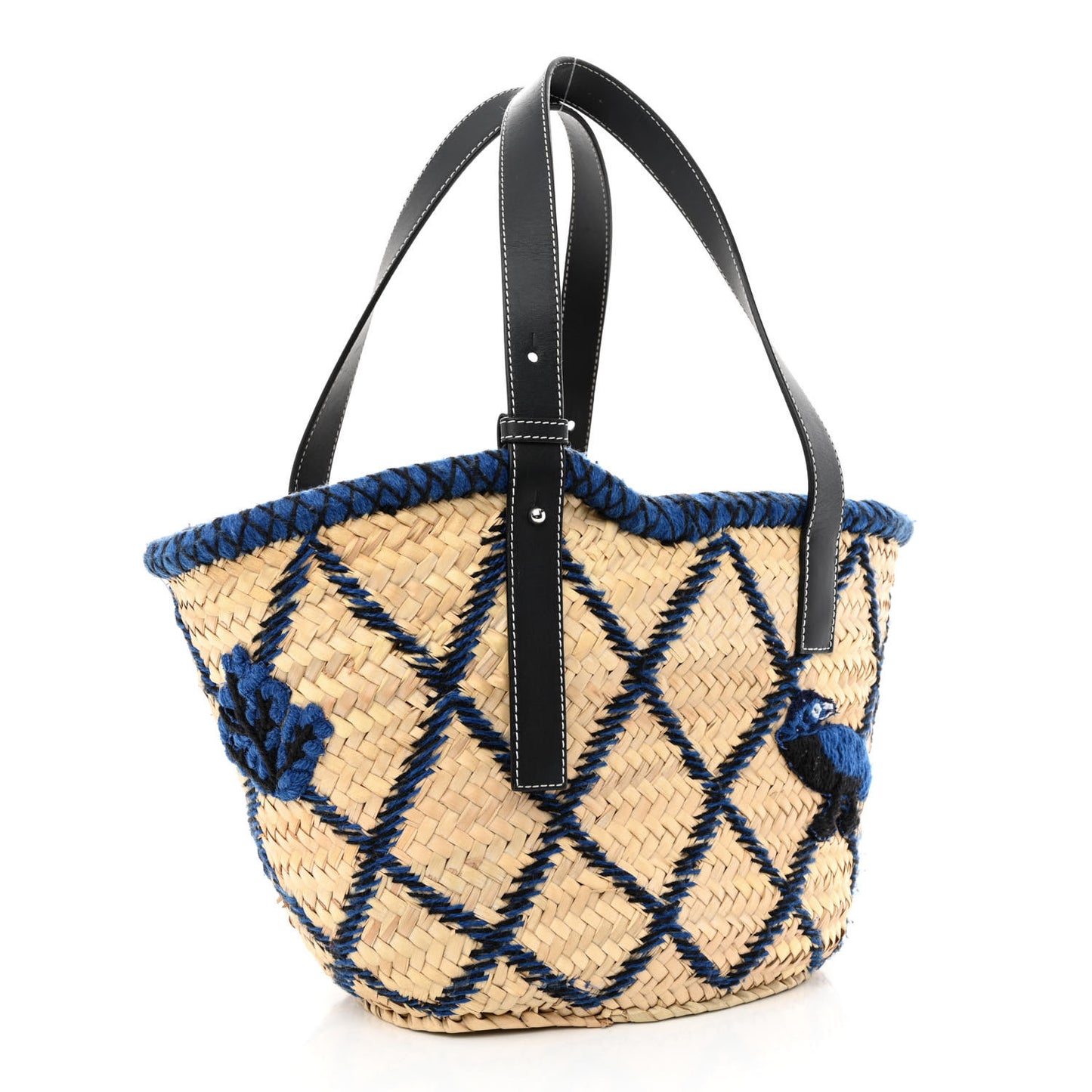 Embroidered Raffia Basket Tote Bag Natural Black Blue