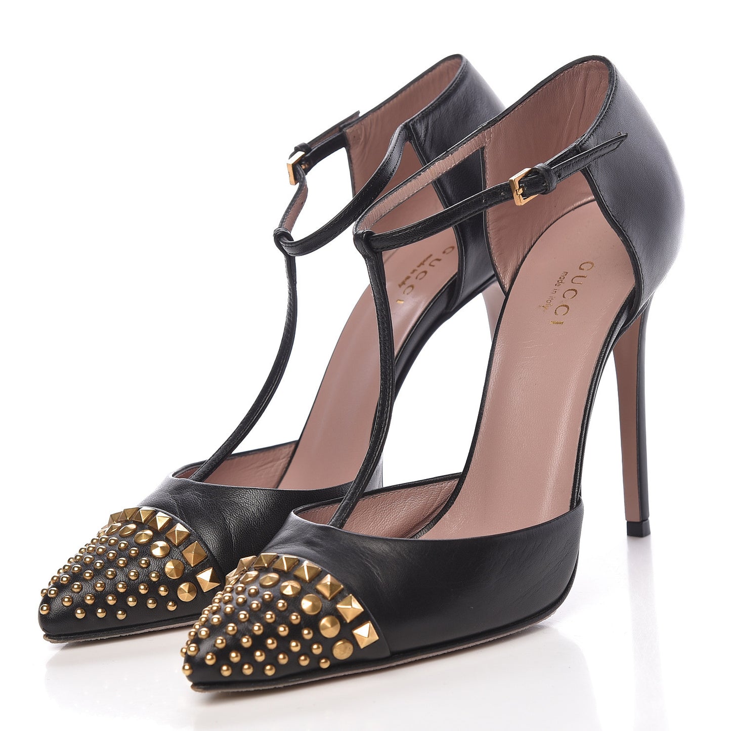 Calfskin Studded Cap Toe Ankle Strap Pumps 38 Black