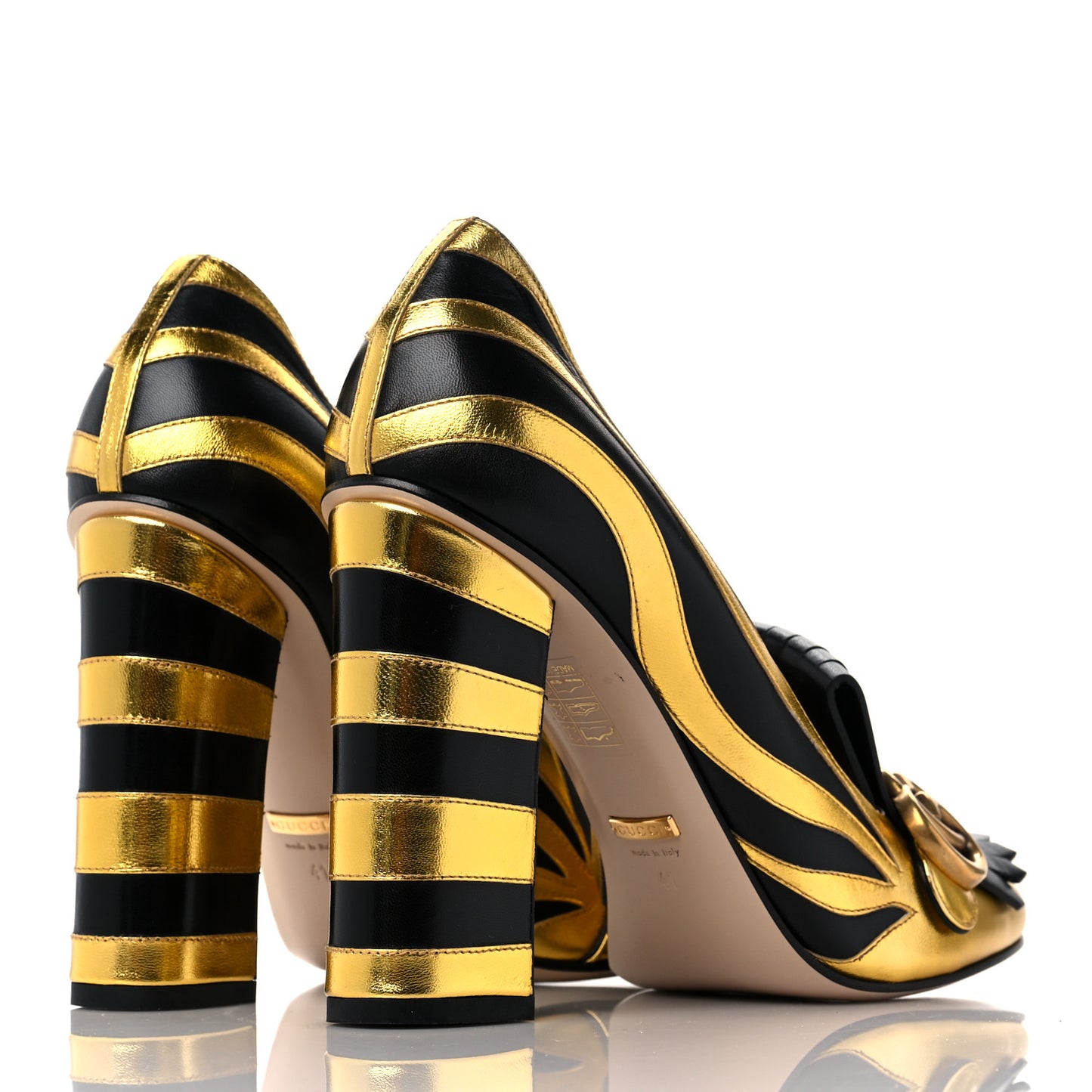 Metallic Nappa Inlay GG Marmont Fringe 105mm Loafer Pumps 41 Gold Black
