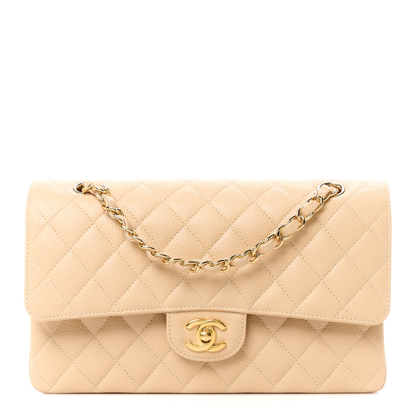 Caviar Quilted Medium Double Flap Beige