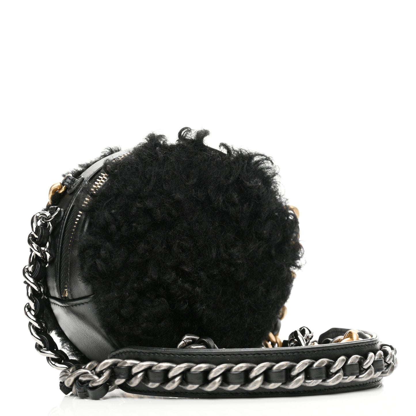 Shearling Sheepskin Chanel 19 Round Clutch With Chain Black