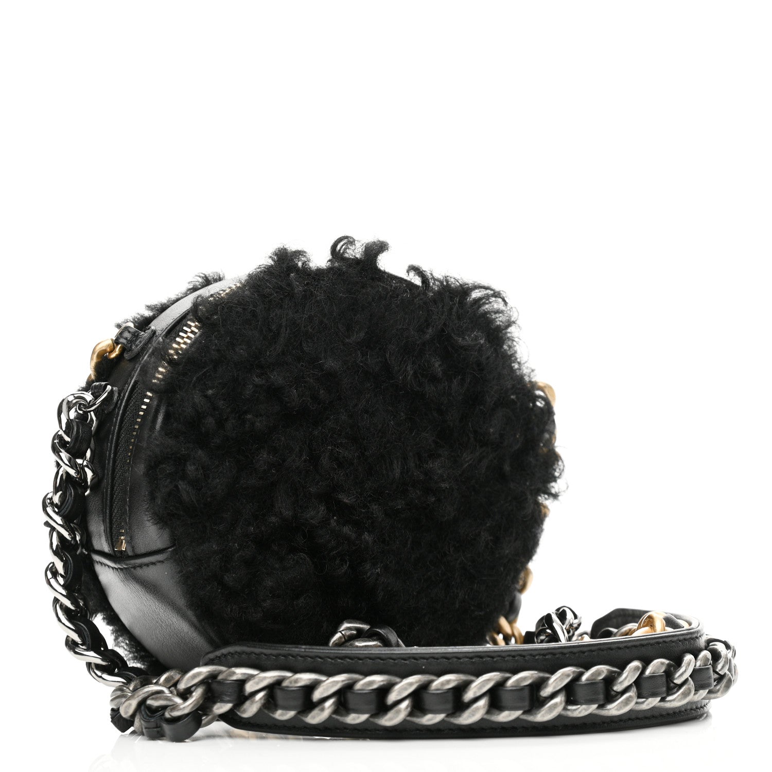 Chanel Shearling Sheepskin Chanel 19 Round Clutch With Chain Black 3 of 11