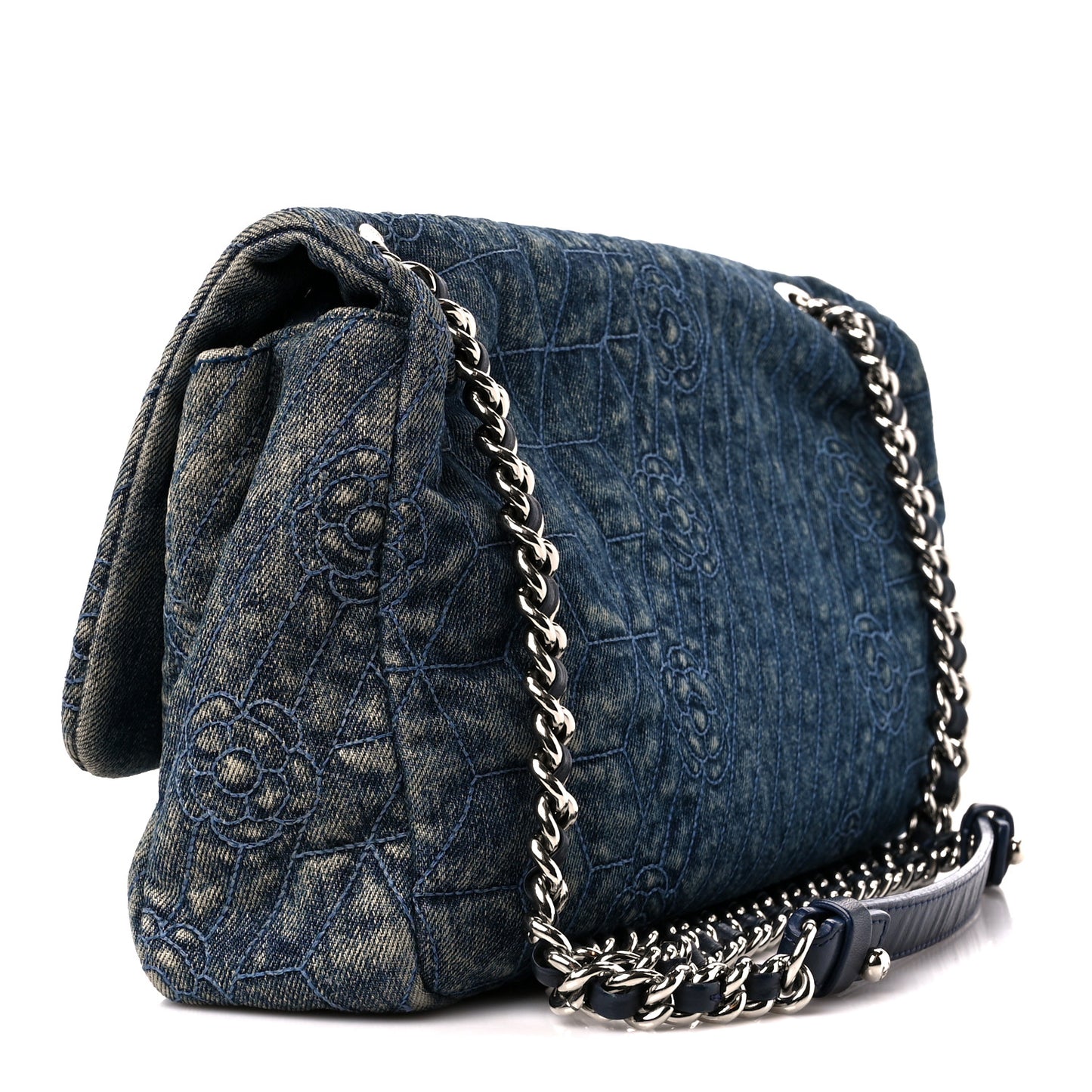 Denim Quilted Camellia Embroidered Large Flap Blue