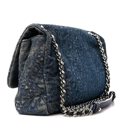 Chanel Denim Quilted Camellia Embroidered Large Flap Blue 3 of 11