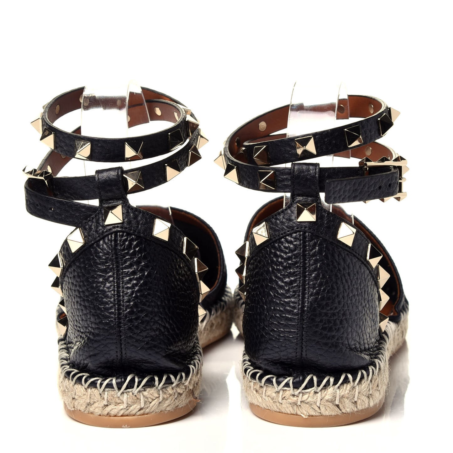 Grained Calfskin Rockstud Ankle Wrap Espadrille 20mm Flats 40 Black Light Cuir Natural