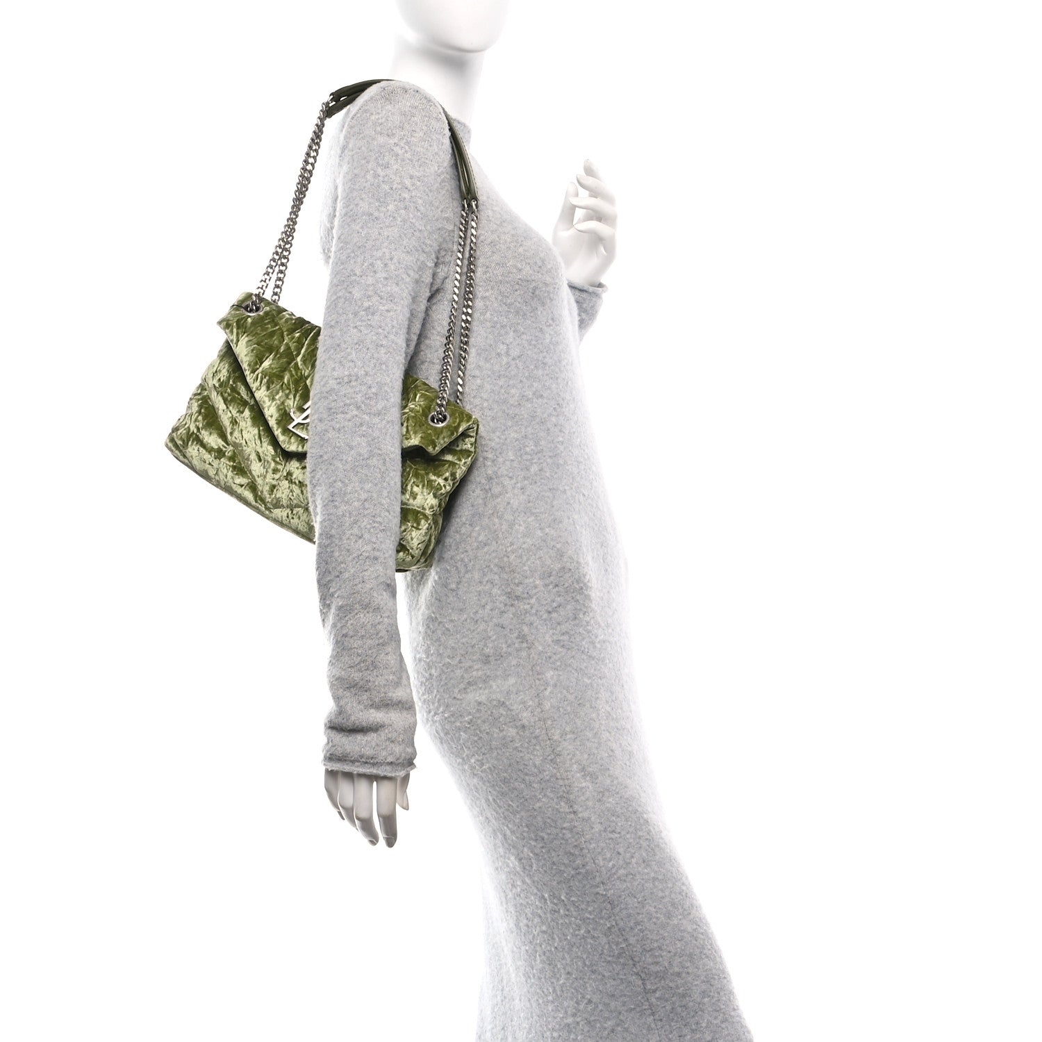 Saint Laurent Crushed Velvet Quilted Small Loulou Puffer Monogram Chain Satchel Green 2 of 10