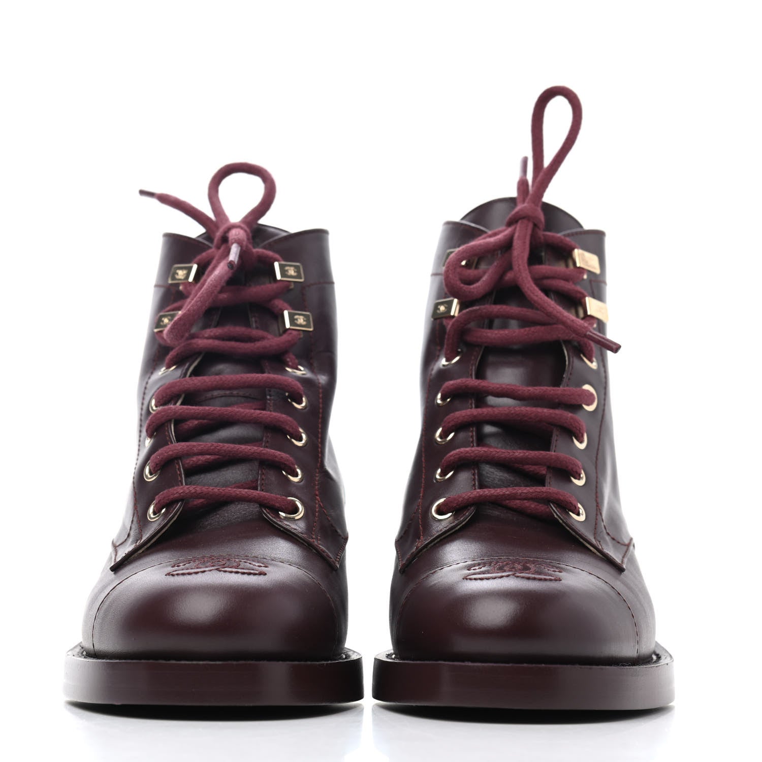 Chanel Calfskin Lace Up CC Short Boots 37 Burgundy 807935
