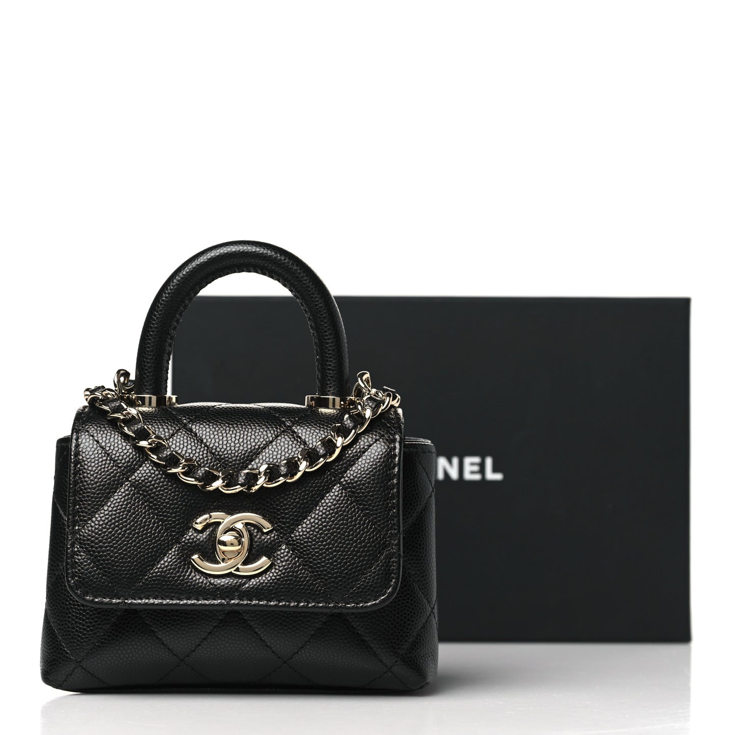 Caviar Quilted Nano Coco Handle Clutch With Chain Black