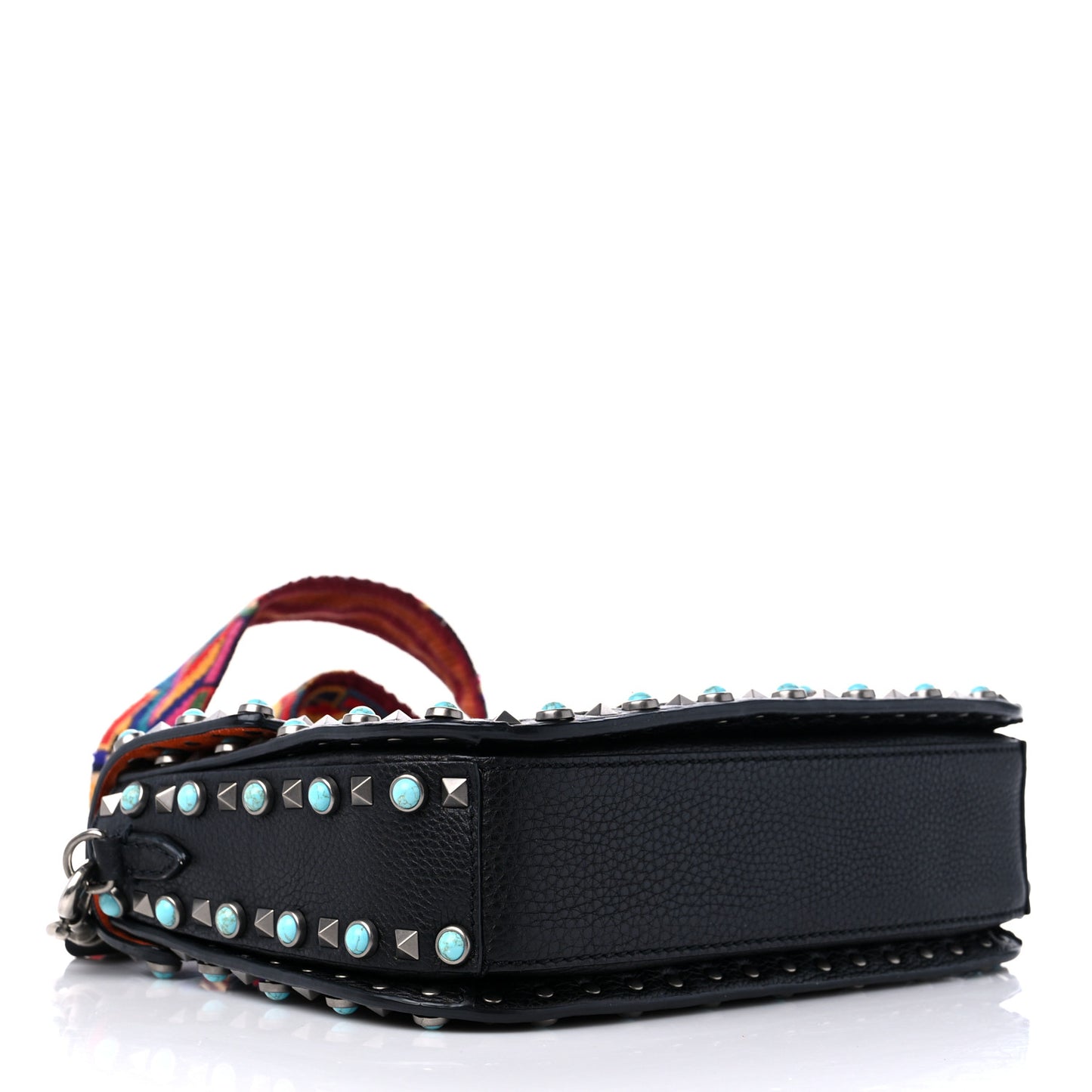 Pebbled Calfskin Beaded Medium Guitar Strap Rockstud Rolling Flap Saddle Bag Black