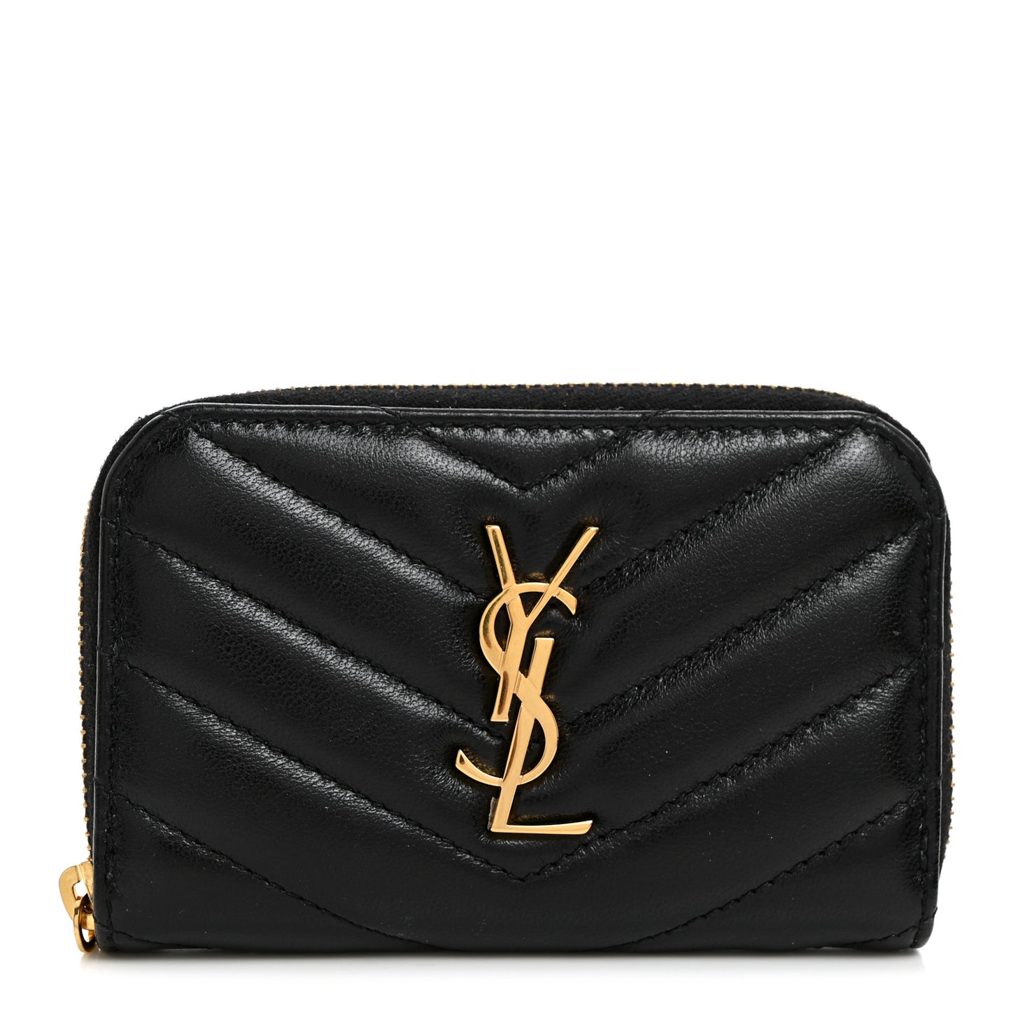 Lambskin Matelasse Chevron Monogram Cassandre Compact Zip Around Card Wallet Black