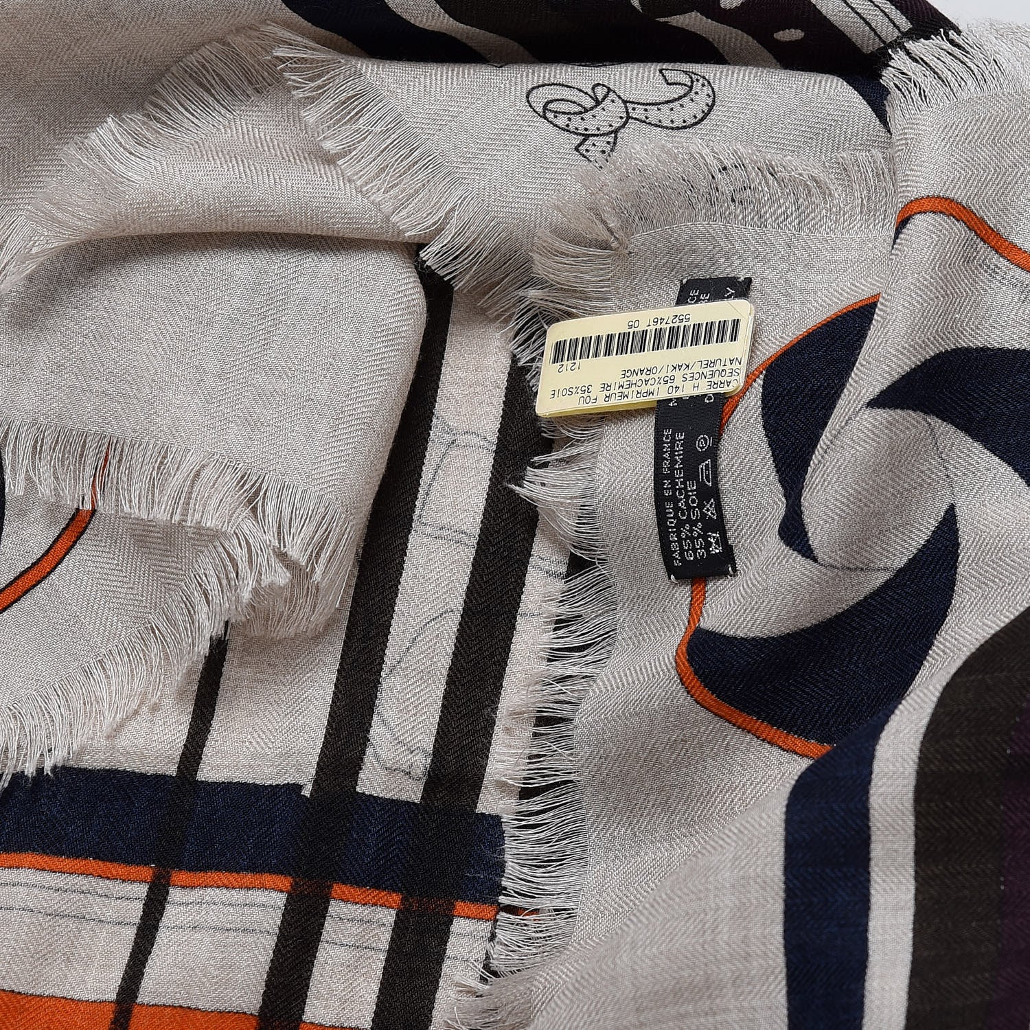 Hermes Cashmere Silk Imprimeur Fou Sequences Shawl 140 Naturel Kaki Orange 7 of 7
