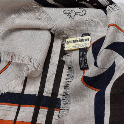 Hermes Cashmere Silk Imprimeur Fou Sequences Shawl 140 Naturel Kaki Orange 7 of 7