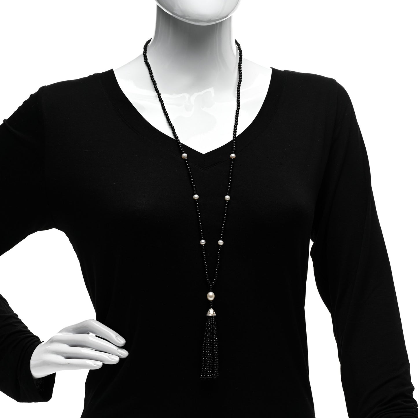 Sterling Silver Black Onyx Freshwater Pearl Ziegfeld Tassel Necklace