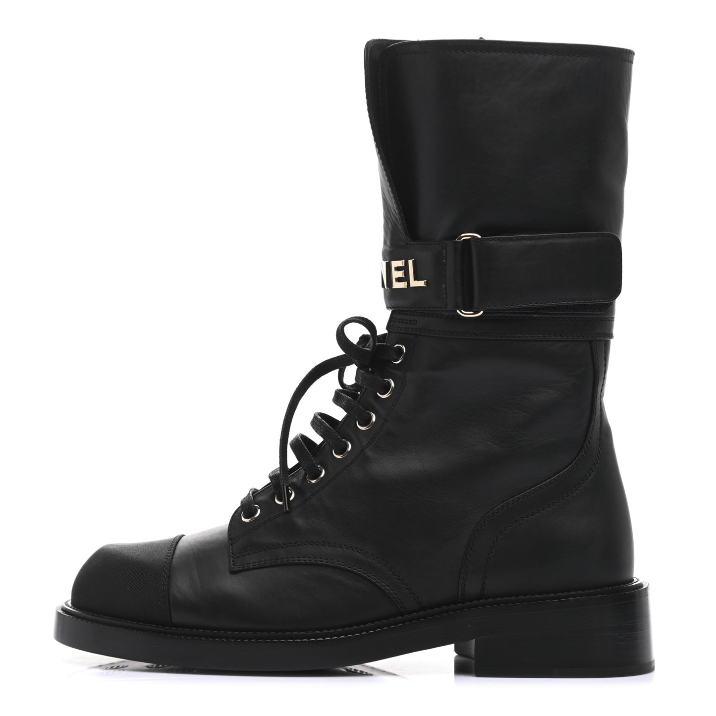 Shiny Calfskin Lace Up Combat Boots 38.5 Black