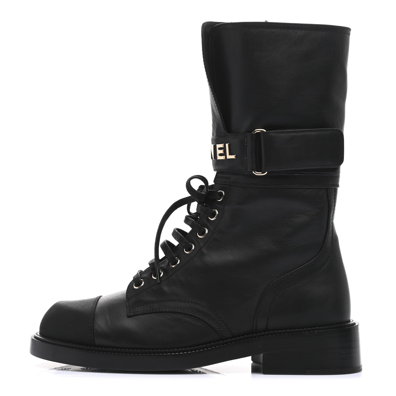 Chanel Shiny Calfskin Lace Up Combat Boots 38.5 Black 1 of 7