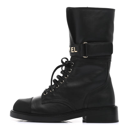 Chanel Shiny Calfskin Lace Up Combat Boots 38.5 Black 1 of 7