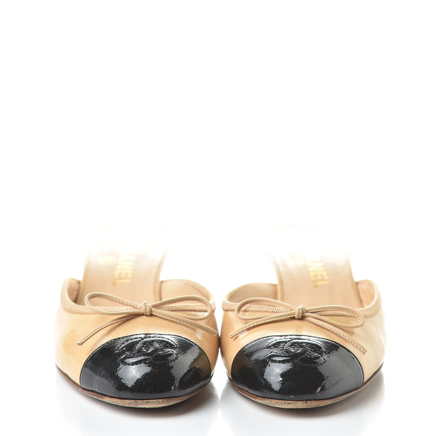 Chanel Lambskin Cap Toe CC Mules 37.5 Beige Black 2 of 14