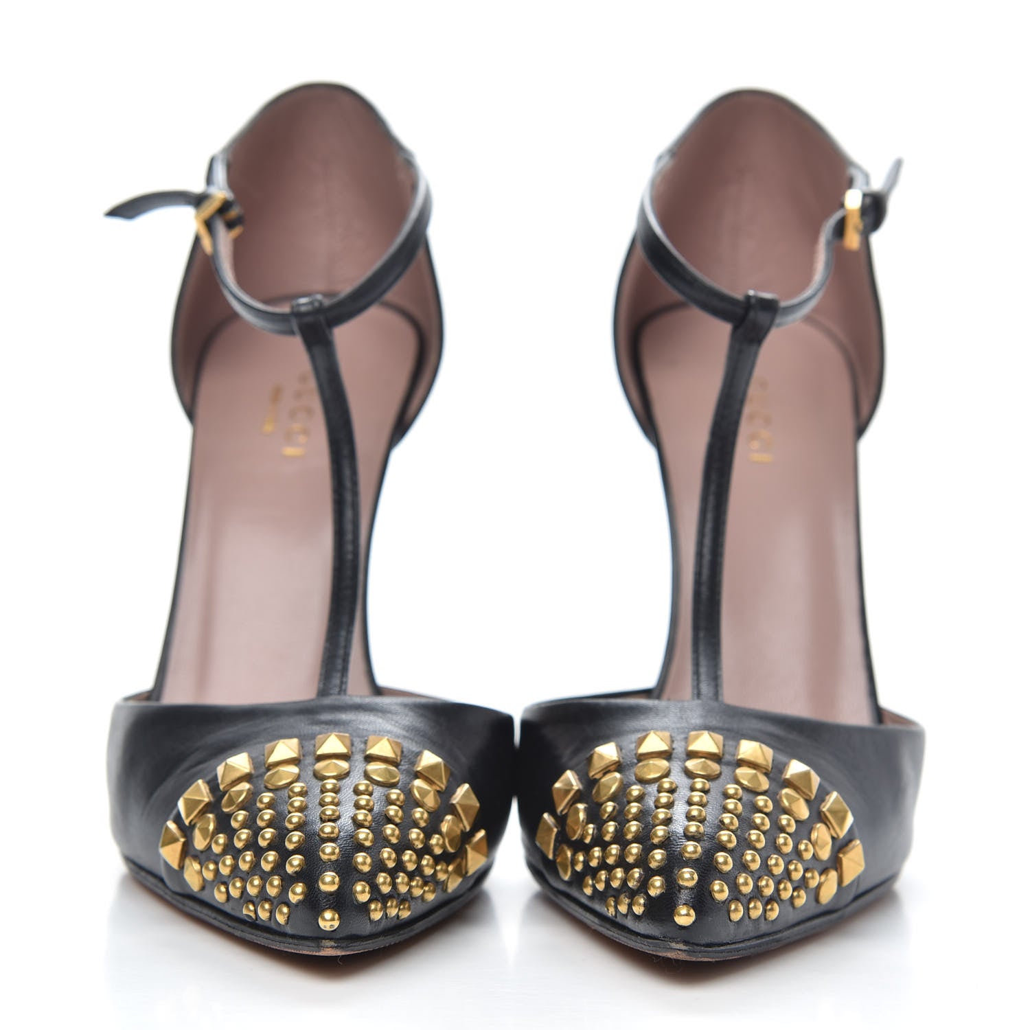 Gucci Malaga Kid Studded Cap Toe T Strap Pumps 36.5 Black 2 of 10