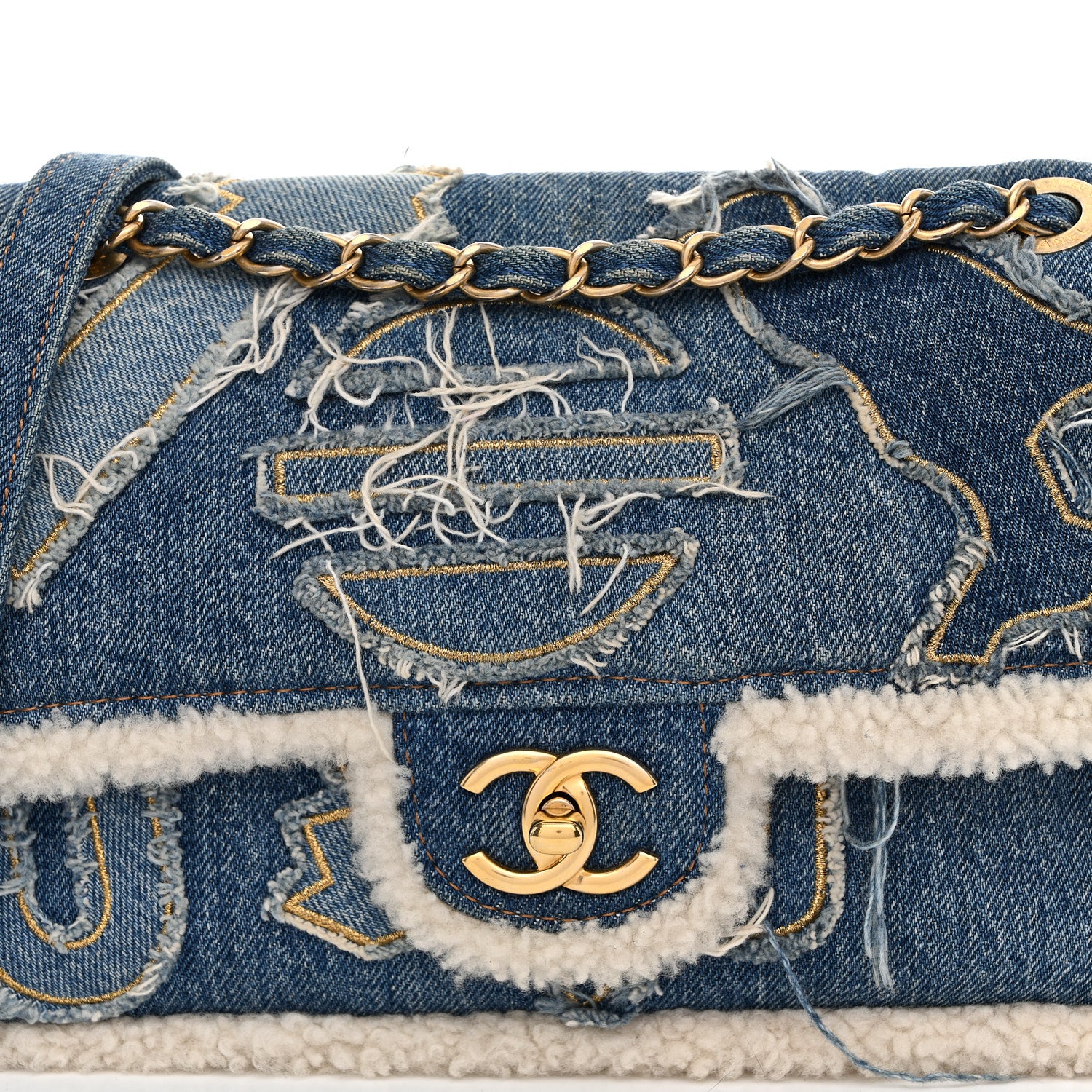 Chanel Denim Shearling Hieroglyph Flap Blue 8 of 11