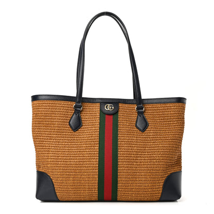 Gucci Straw Lux Calfskin Web Medium Ophidia Shopping Tote Dark Natural Blue 1 of 10