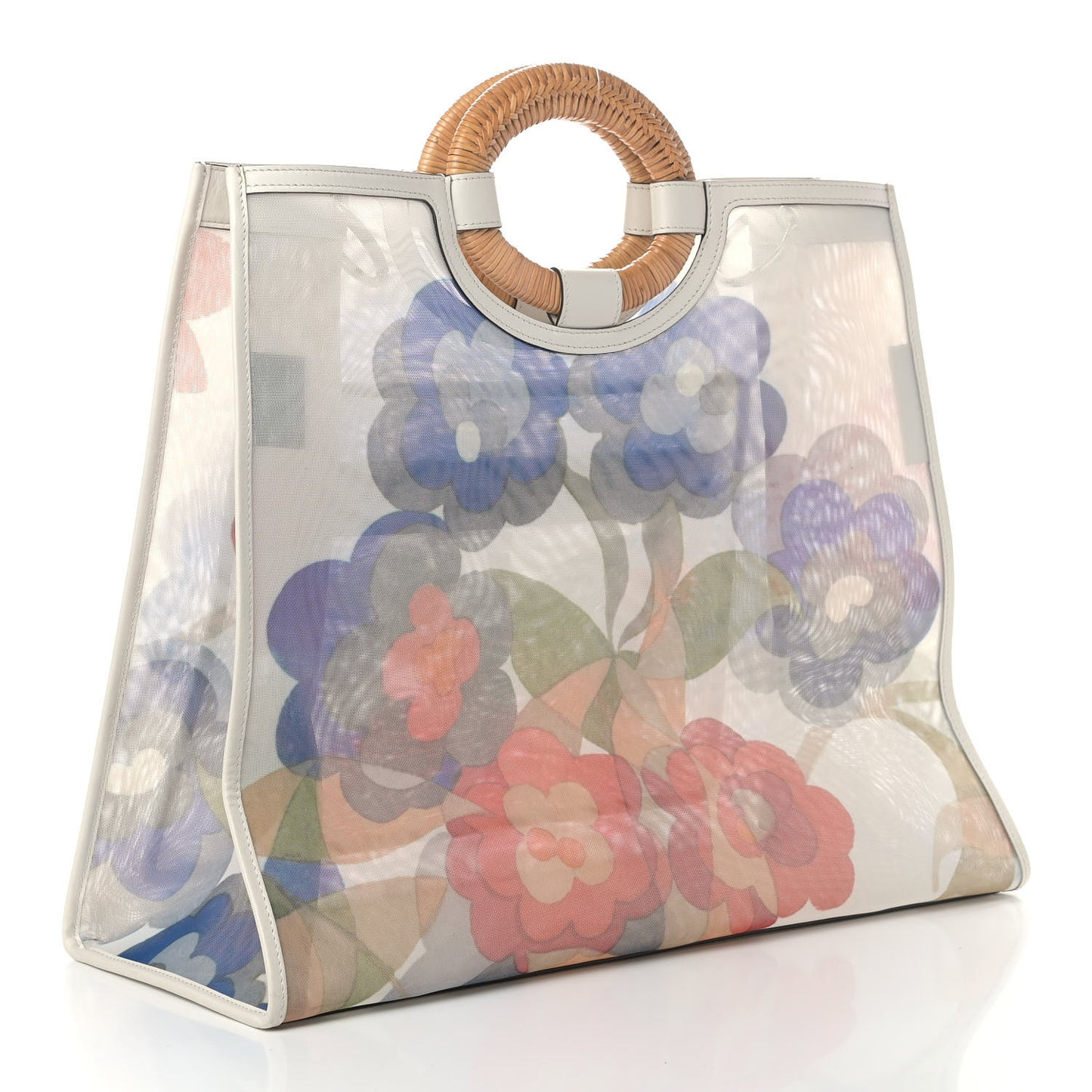 Mesh Vitello Century Wicker Floral Print Large Runaway Shopper Tote White Ice Multicolor