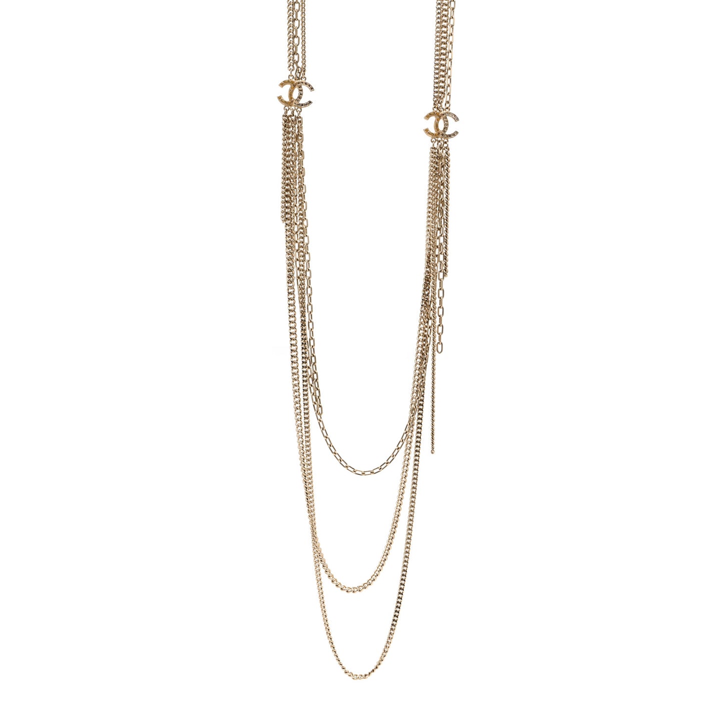 Baguette Crystal Gripoix Poured Glass CC Multi Strand Chain Necklace Light Gold