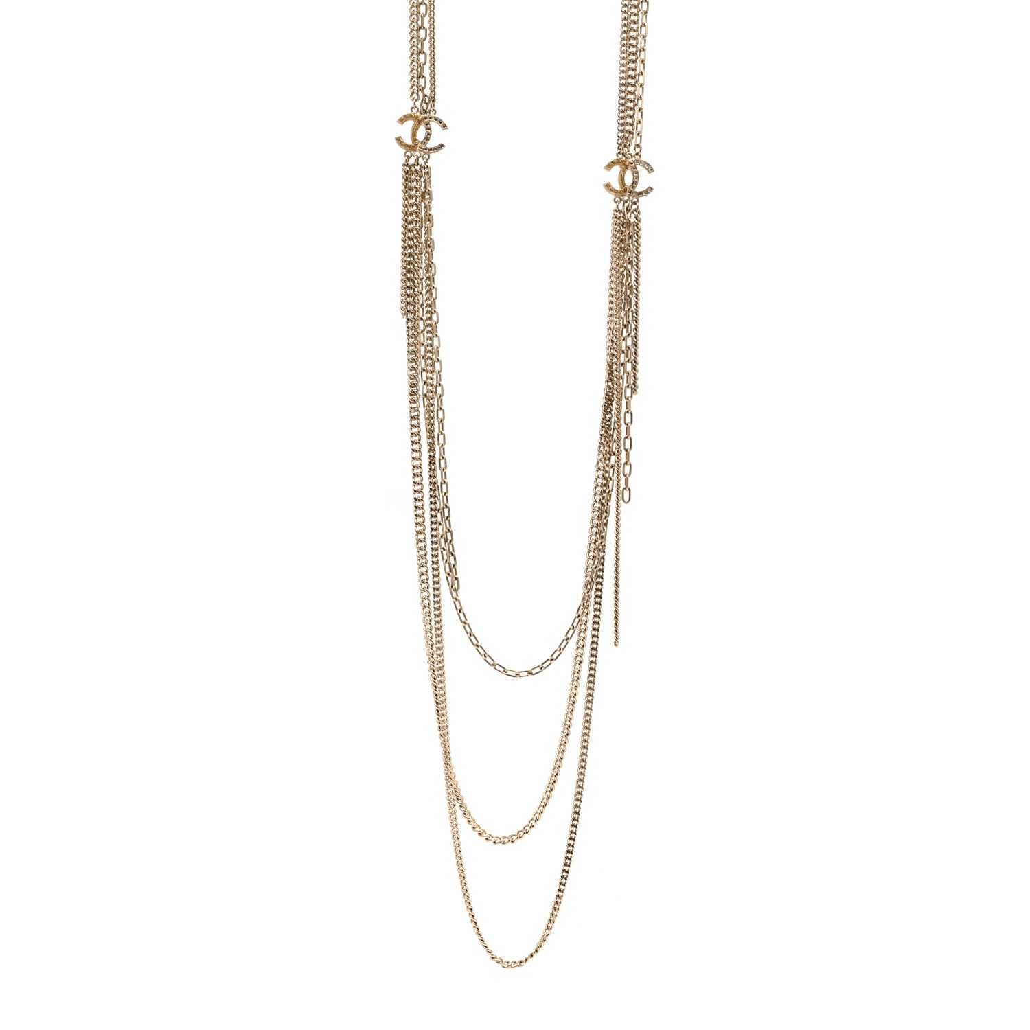 Chanel Baguette Crystal Gripoix Poured Glass CC Multi Strand Chain Necklace Light Gold 1 of 6