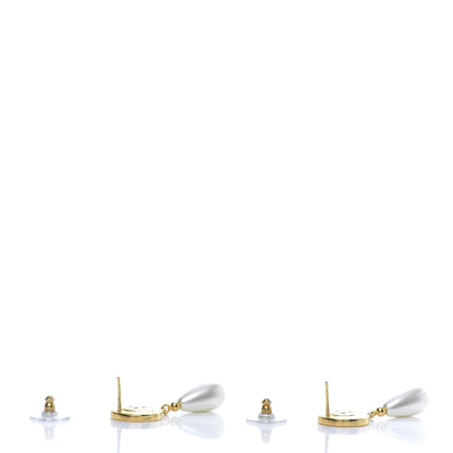 Chanel Metal Pearl Paris Button Drop Earrings Gold 4 of 5