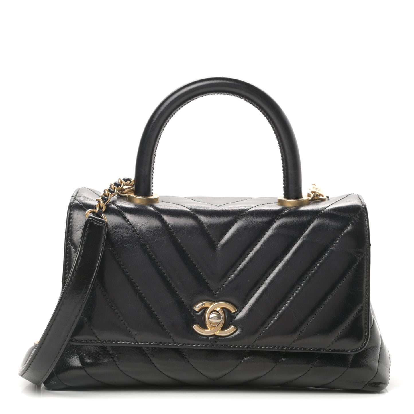 Calfskin Chevron Quilted Mini Coco Handle Flap Black