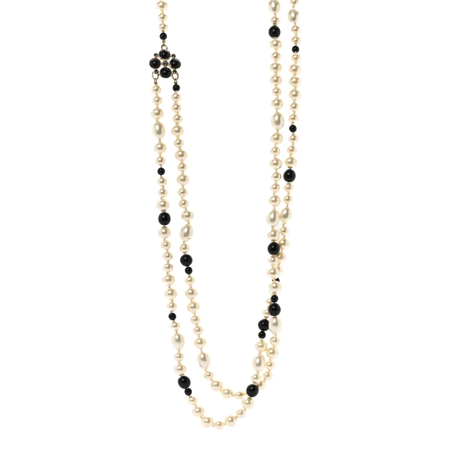 Pearl Resin Crystal CC Long Necklace Black Gold