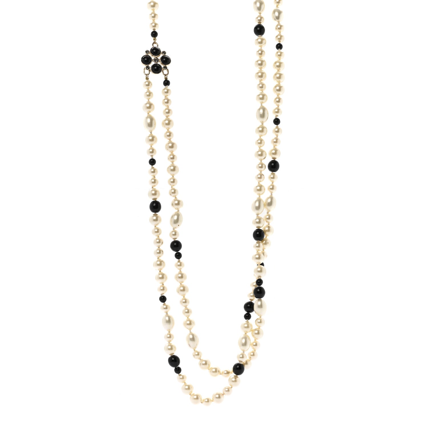 Chanel Pearl Resin Crystal CC Long Necklace Black Gold 1 of 8