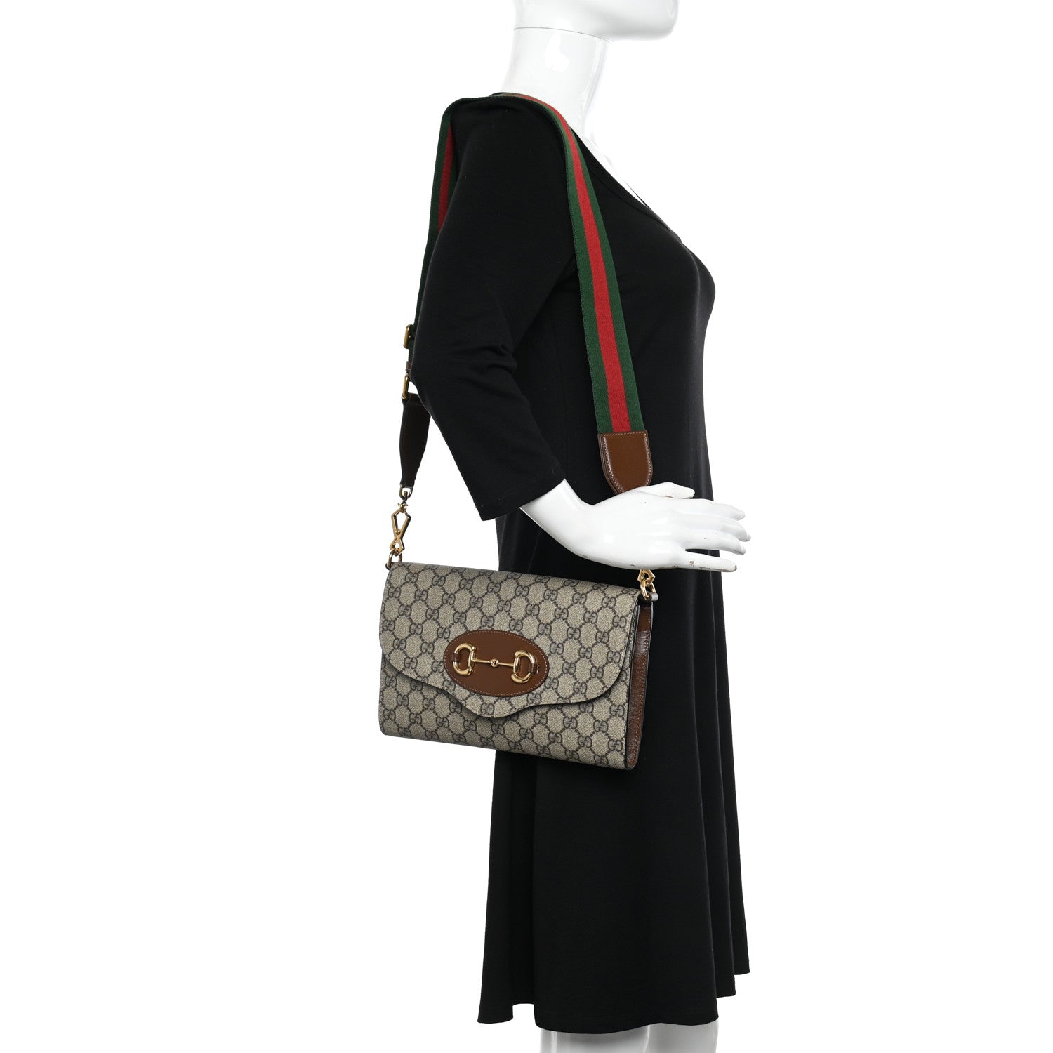 Gucci GG Supreme Monogram Azalea Calfskin Web Small Horsebit 1955 Crossbody Bag Beige Ebony Brown Sugar 2 of 11