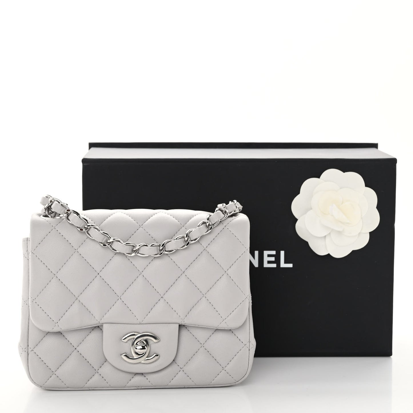 Lambskin Quilted Mini Square Flap Light Grey