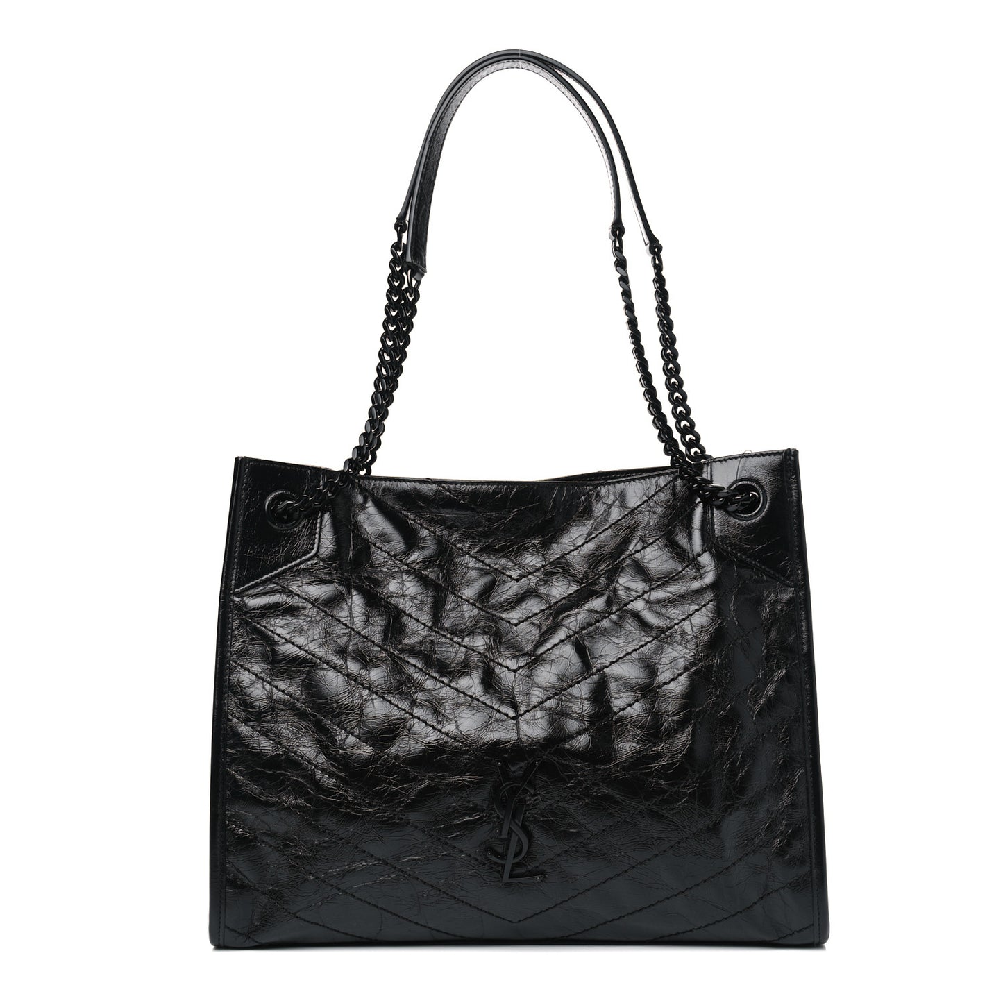 Crinkled Calfskin Matelasse Monogram Medium Niki Shopper Tote Black