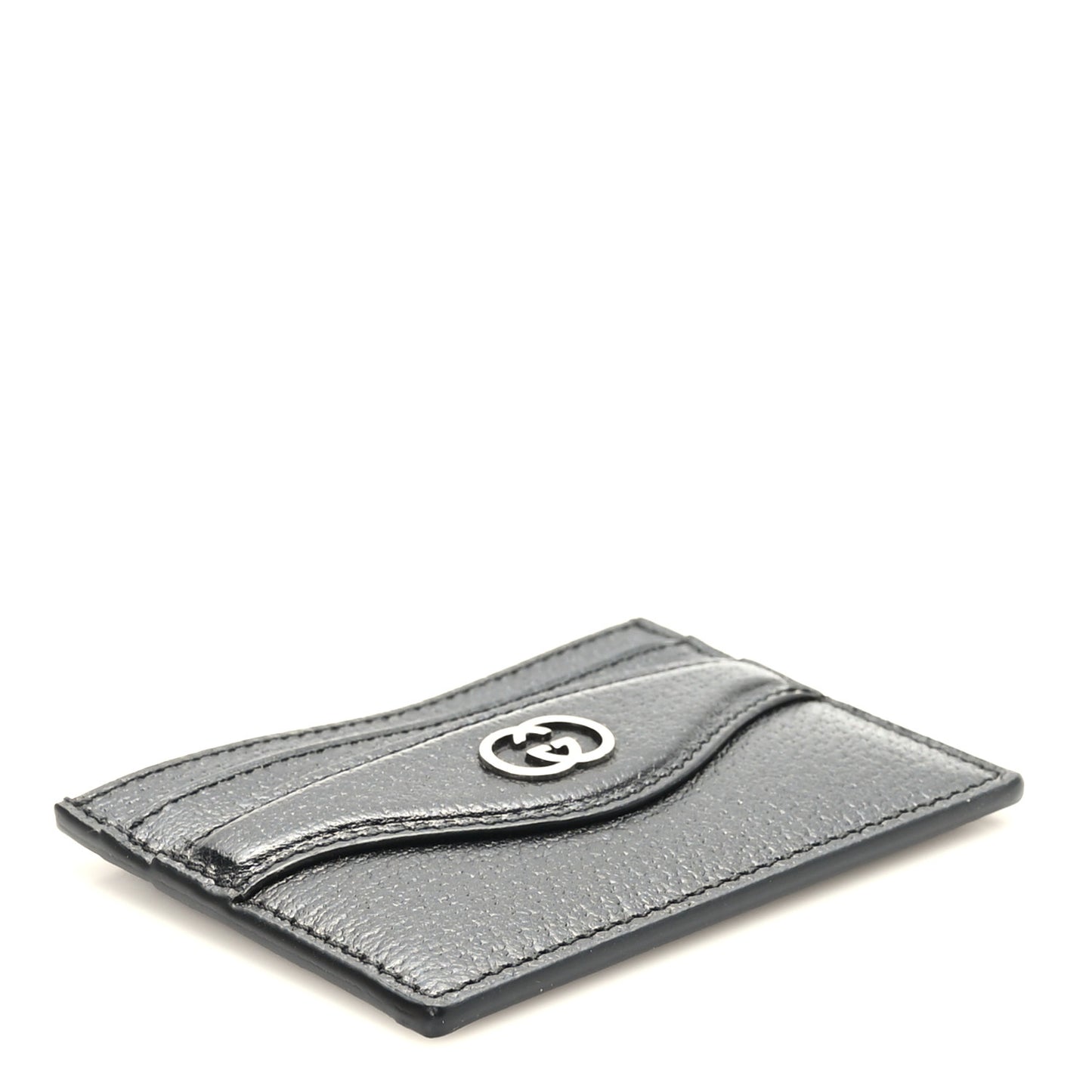 Textured Dollar Calfskin Interlocking G Card Holder Black
