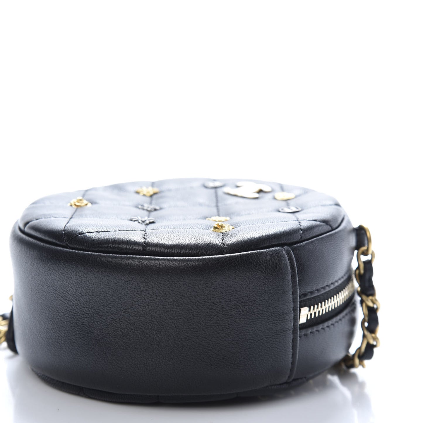 Lambskin Quilted Studded Round Clutch With Chain Black
