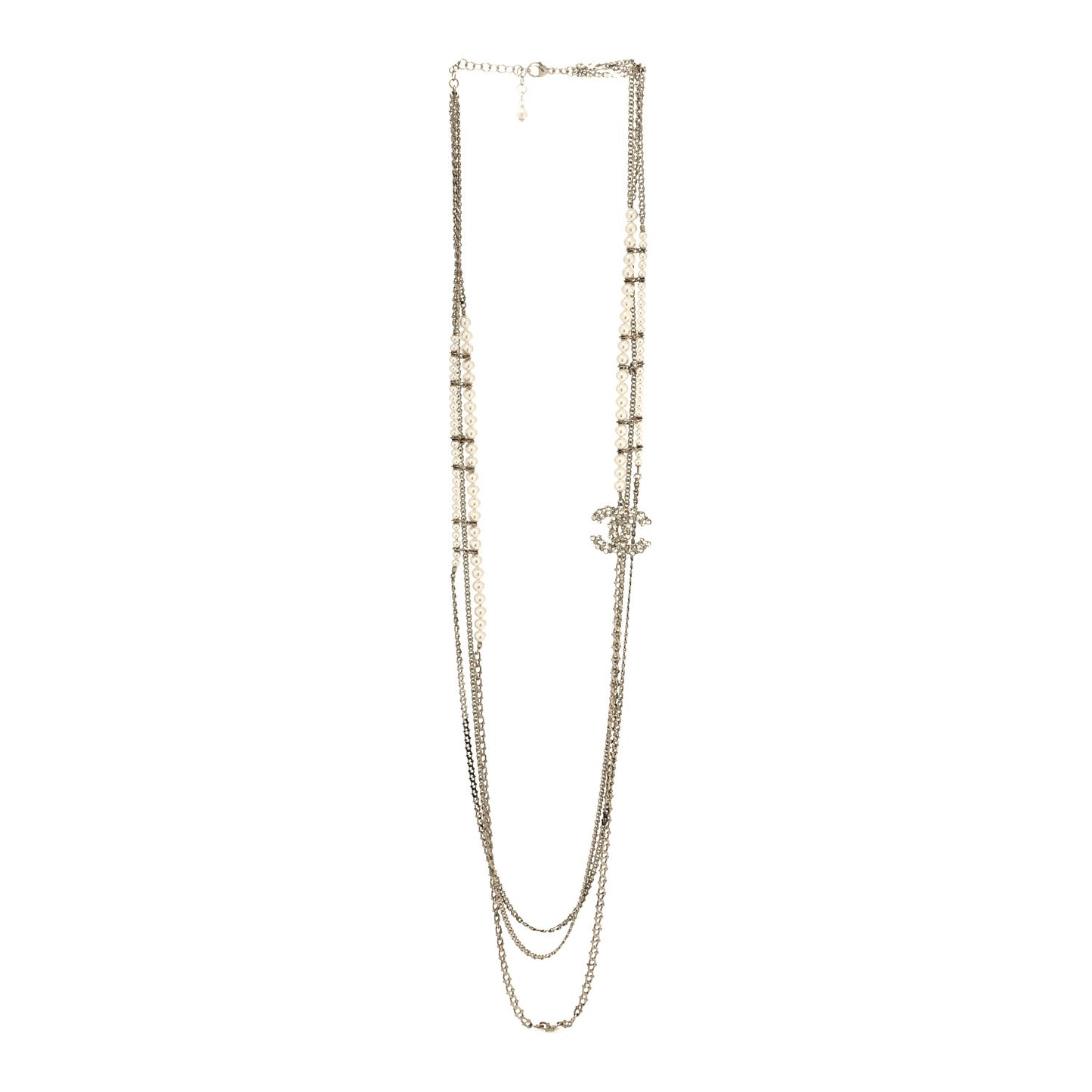Crystal Pearl CC Long Multistrand Necklace Gold