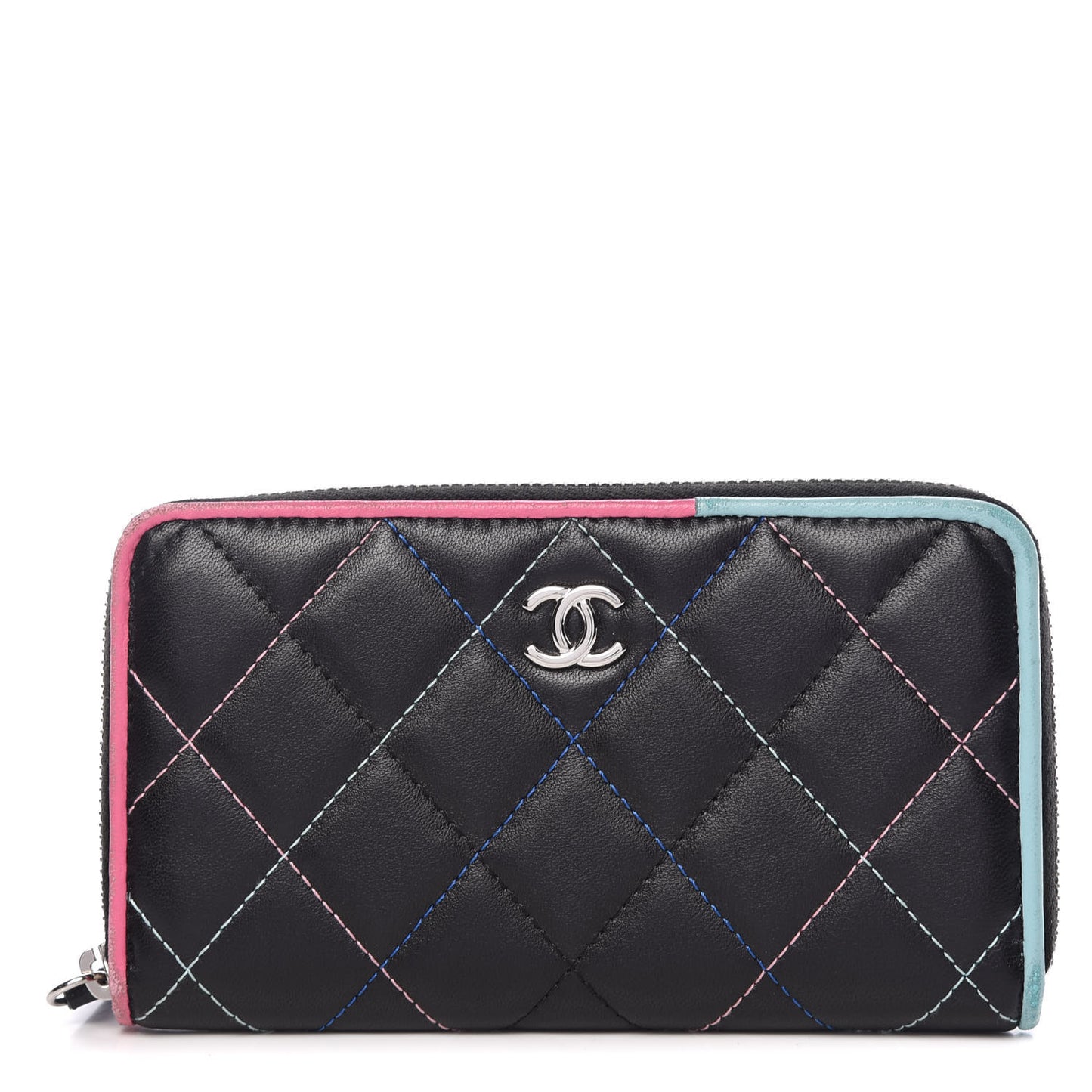 Lambskin Quilted Small Gusset Zip Around Wallet Black Pink Light Blue