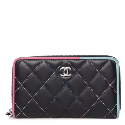 Chanel Lambskin Quilted Small Gusset Zip Around Wallet Black Pink Light Blue 1 of 15