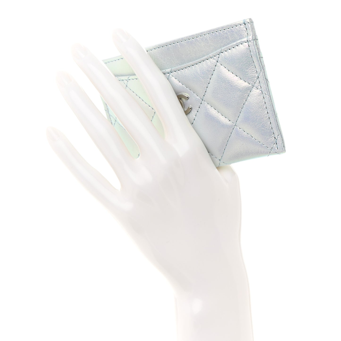 Iridescent Calfskin Quilted Card Holder Light Blue