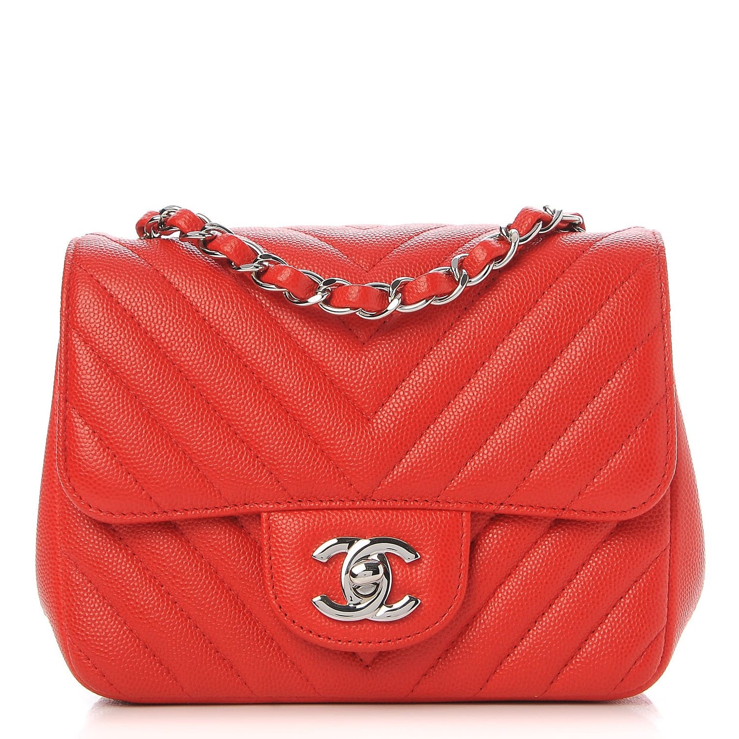 Caviar Chevron Quilted Mini Square Flap Red