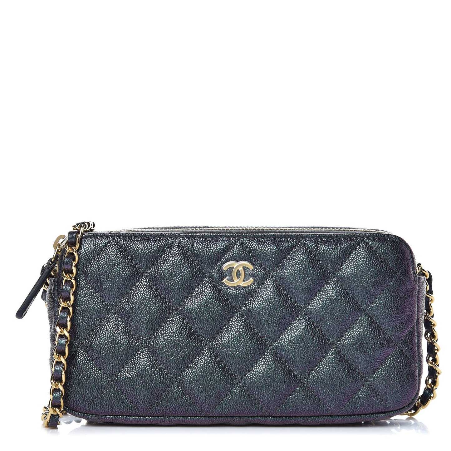 Iridescent Caviar Quilted Clutch With Chain Black