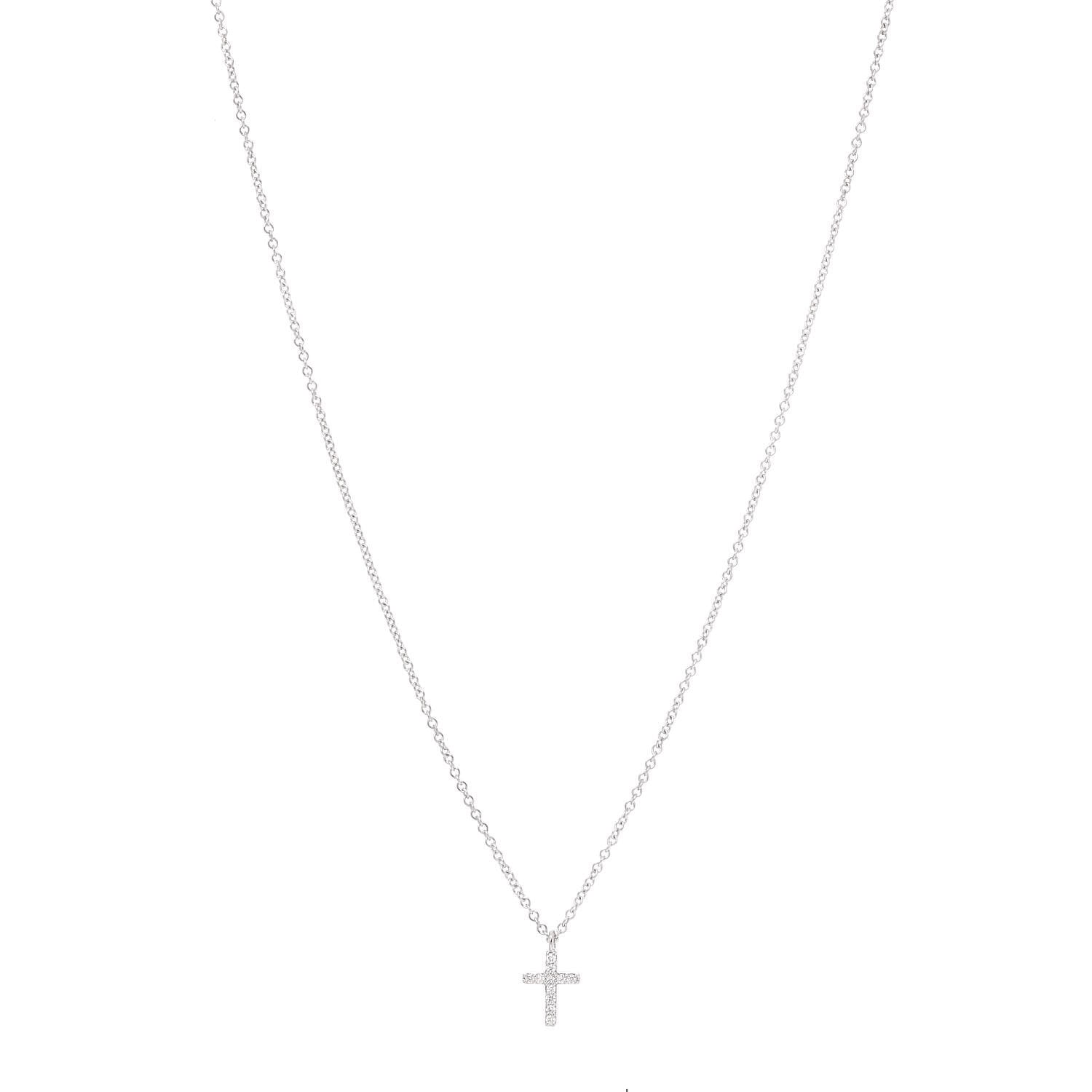 Tiffany 18K White Gold Diamond Mini Cross Pendant Necklace 1 of 5