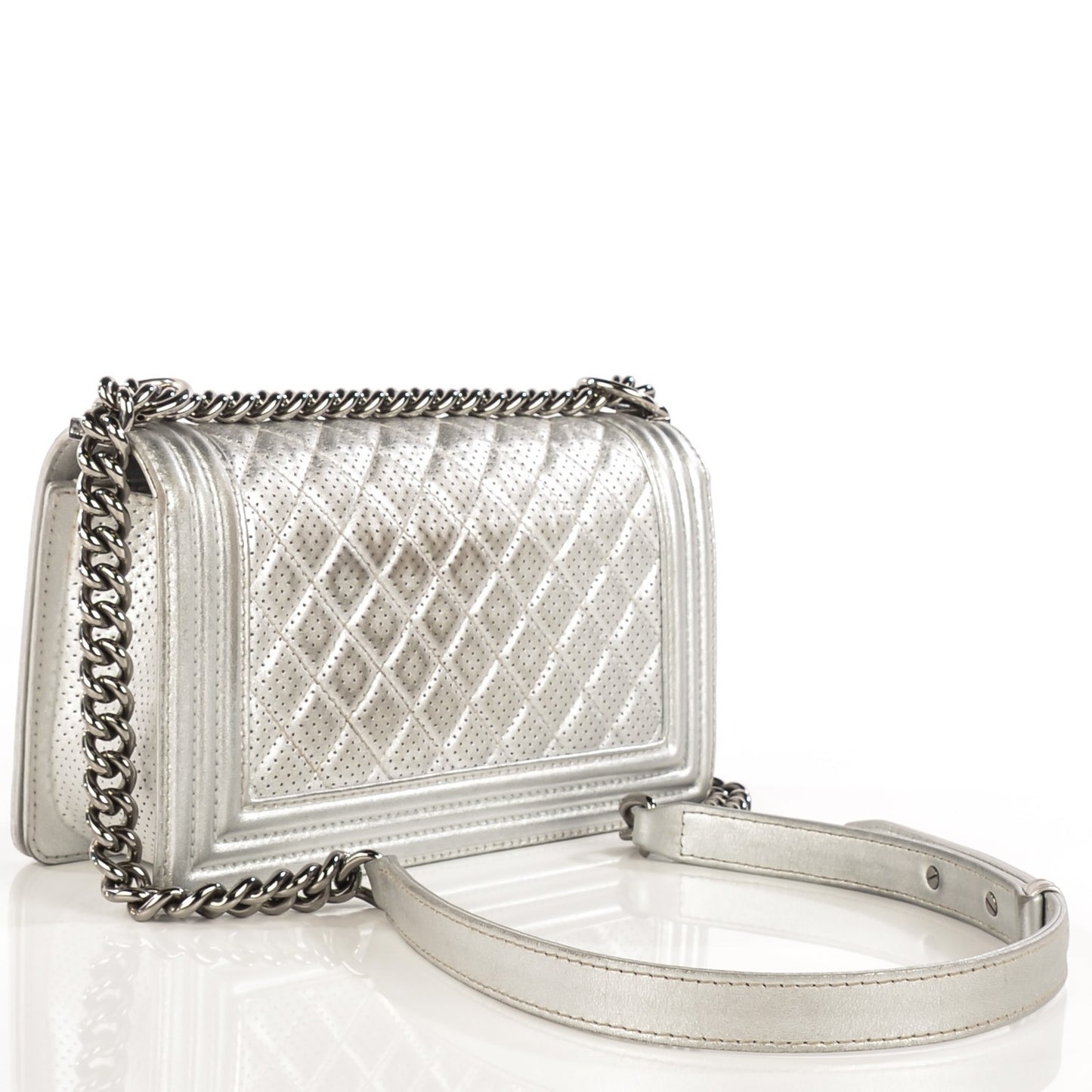 Metallic Lambskin Perforated Medium Boy Flap Silver