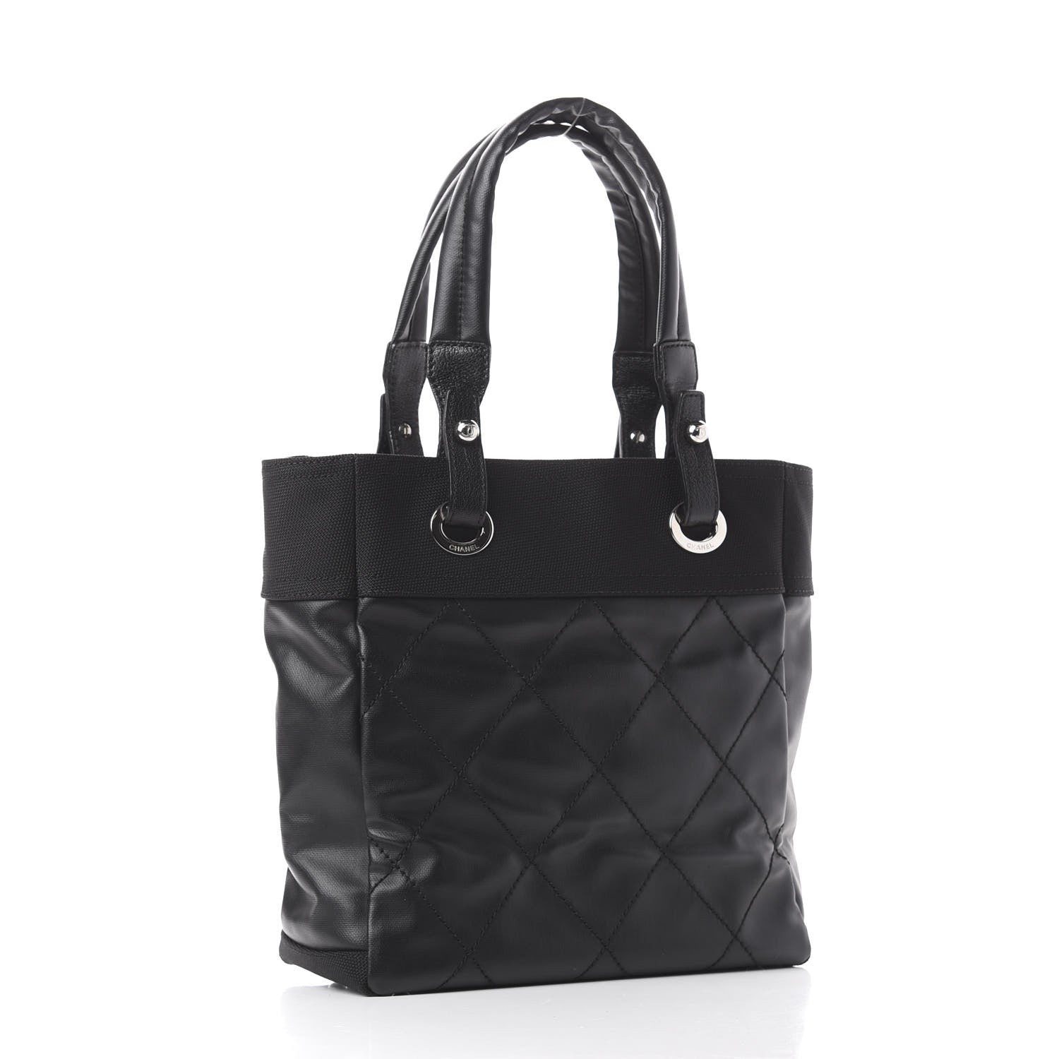 Chanel Coated Canvas Quilted Small Paris Biarritz Tote Black 2 of 9